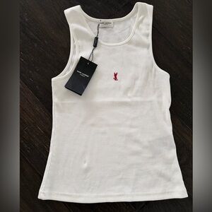 Saint Laurent YSL White Ribbed Tank with Red Embroidered Logo